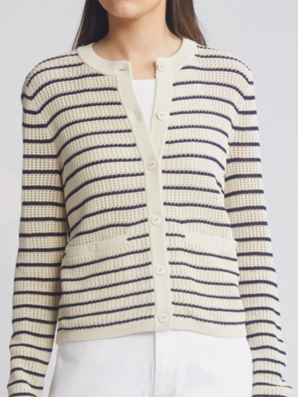 Rag & Bone Viola Cream and Navy Striped Cotton Button Cardigan Size L